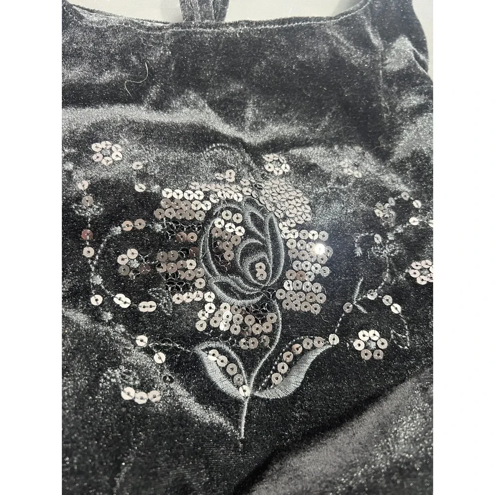 Massini Black Velvet Sequin Embroidered Floral Shoulder Bag Hobo Drawstring - Picture 2 of 4